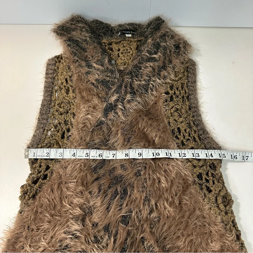 SKINNY BUNNY Fuzzy Crochet Open Cardigan Sz L Tan